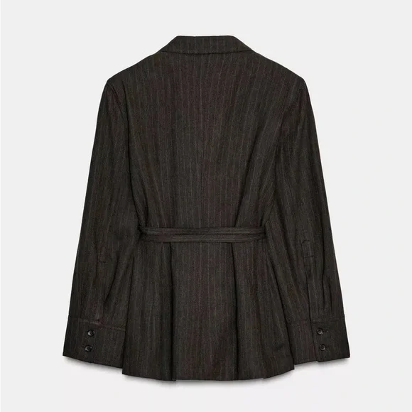 Zara herringbone belted blazer ZE collection in brown marl - small - Picture 3 of 10
